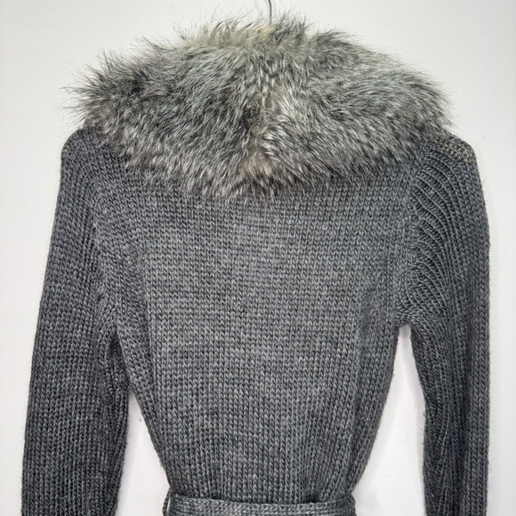 Esprit Faux Fur Collar Wrap Grey Knit Cardigan Belted Size Small - Picture 6 of 14